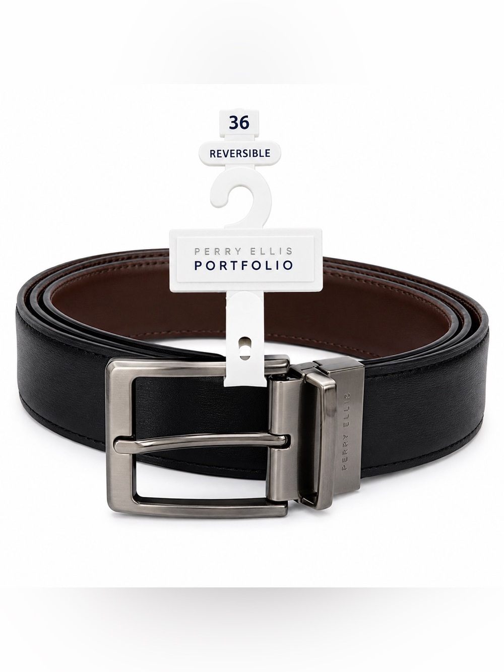 Perry Ellis Portfolio Reversible Black Brown Genuine Leather Belt Men’s Size 36